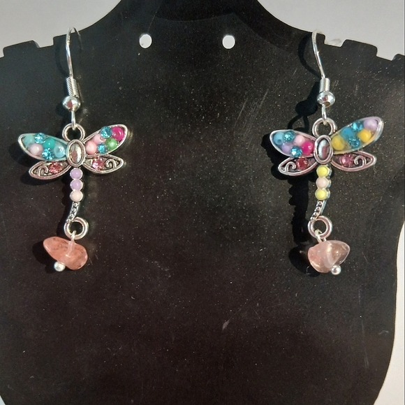 Pink and Blue Dragonfly Dangle Earrings - Picture 1 of 4